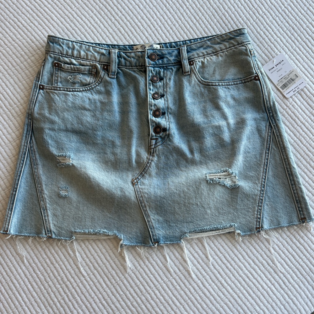 We The Free Light Blue Distressed Denim Skirt